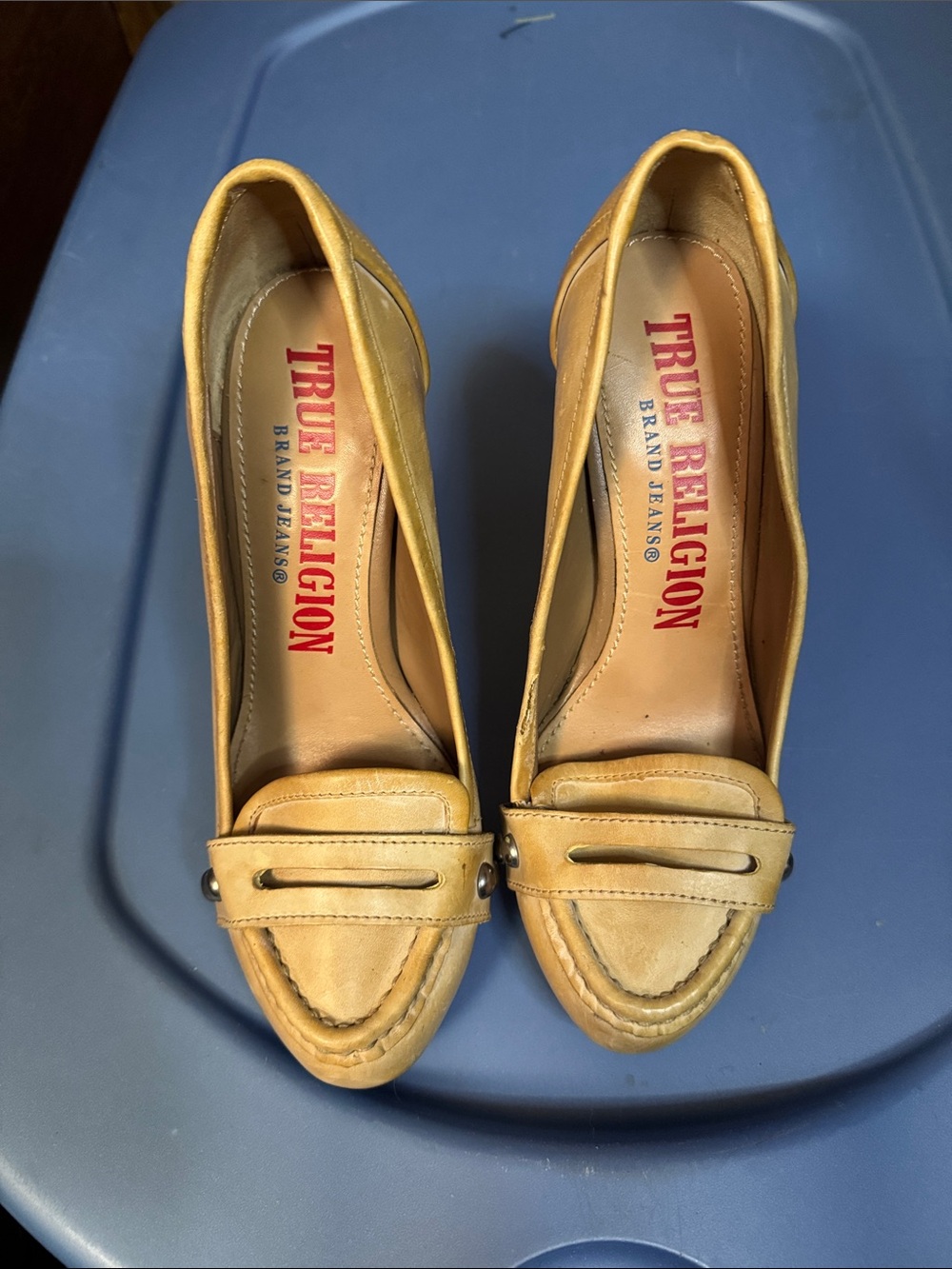 True Religion Tan Leather Loafer Heels